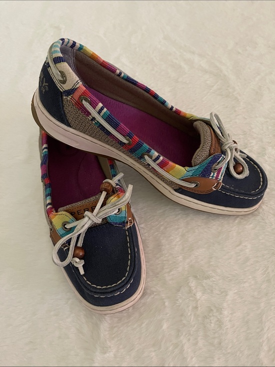 Sperrys Shoes - Sperrys Women’s Navy Canvas Boat Shoes with Multicolor Trim SZ 7
